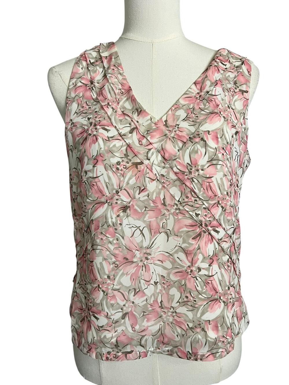 Casual Corner Annex Blouse Womens Petite M Pink Floral Chiffon Sleeveless V Neck